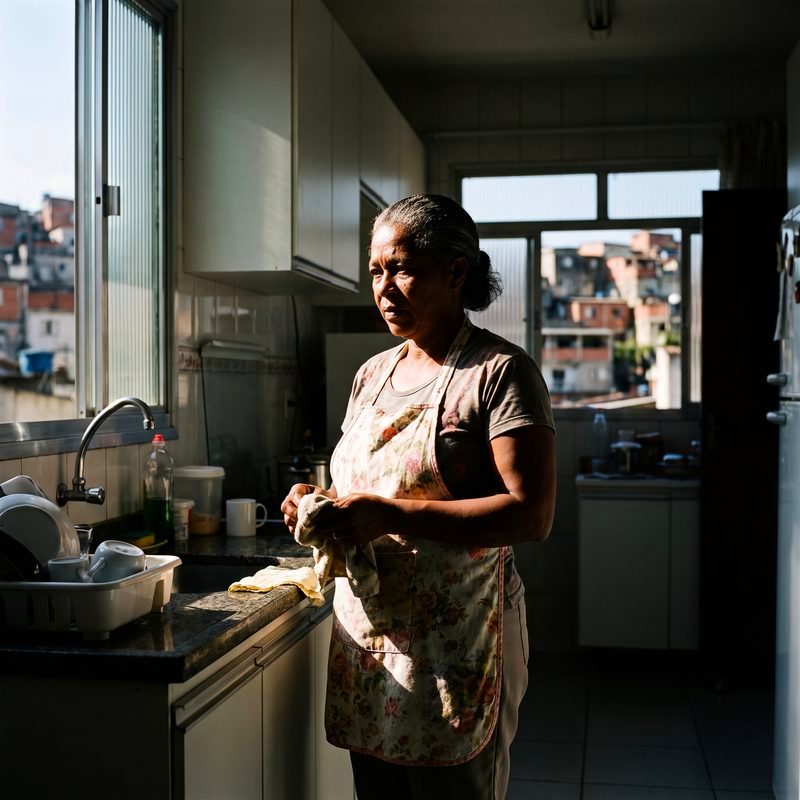Empregada doméstica de avental na cozinha de uma casa