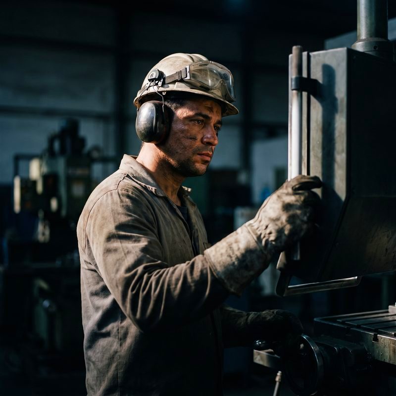 Operário de capacete e proteção auricular ao lado de máquina industrial
