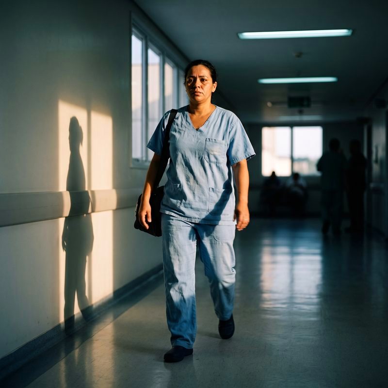 Técnica de enfermagem em corredor de hospital ao fim do plantão