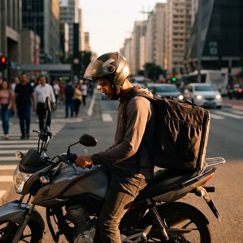 Entregador de moto com capacete e mochila térmica em pausa na rua